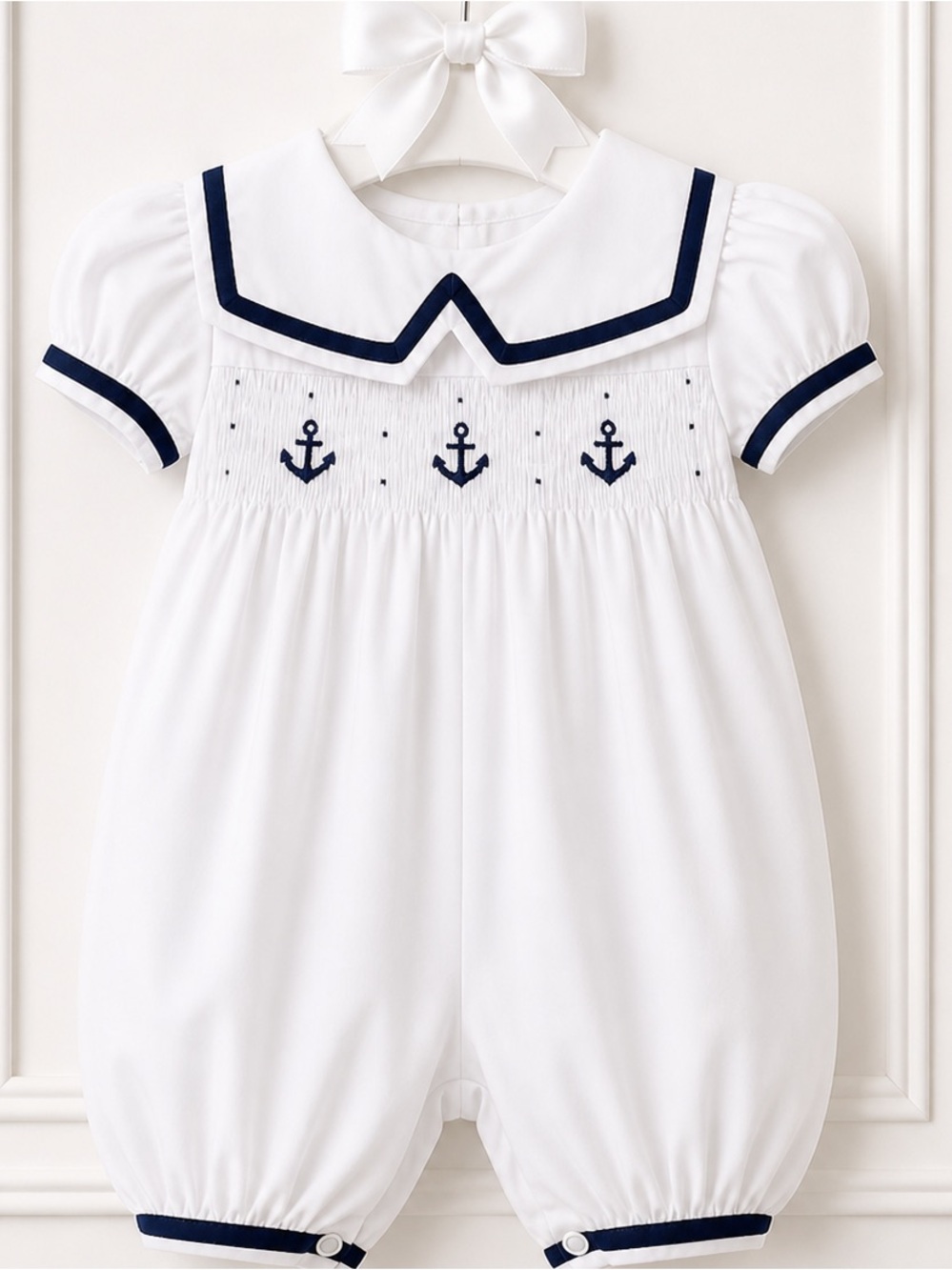 Vintage Carriage Boutique Baby Girl Sailor Bubble 9M Smocked Anchors Nautical